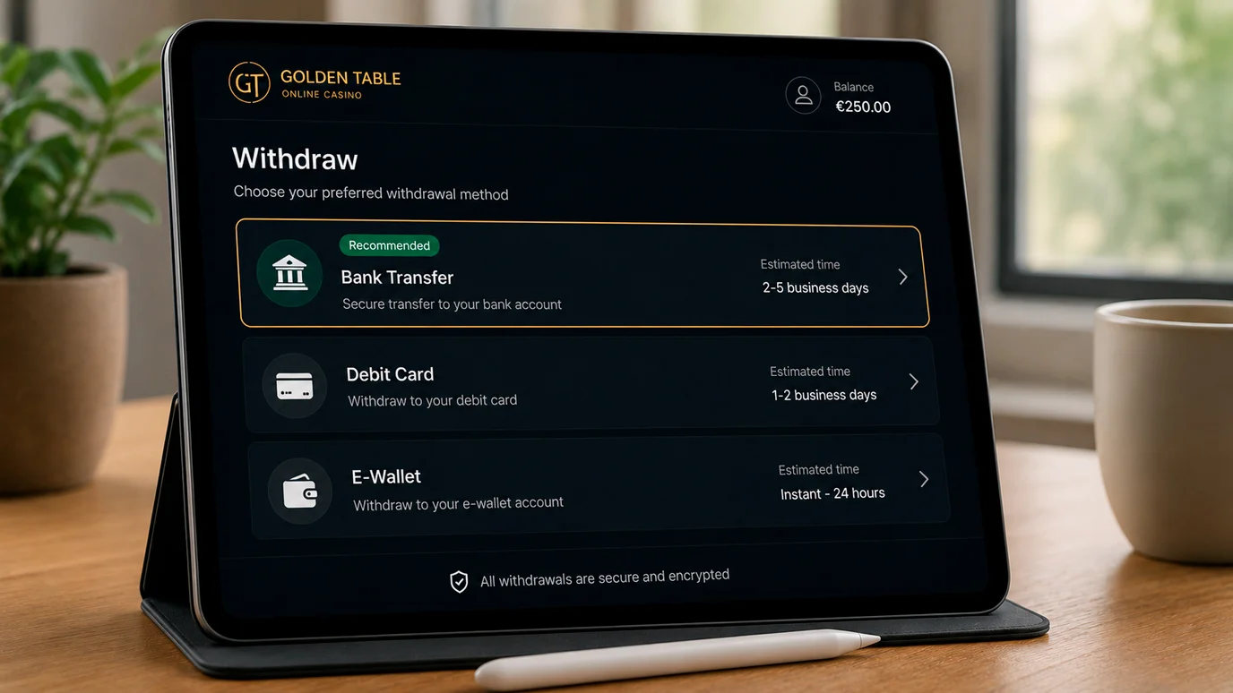 Casino cashout interface showing alternative payment methods when primary is unavailable