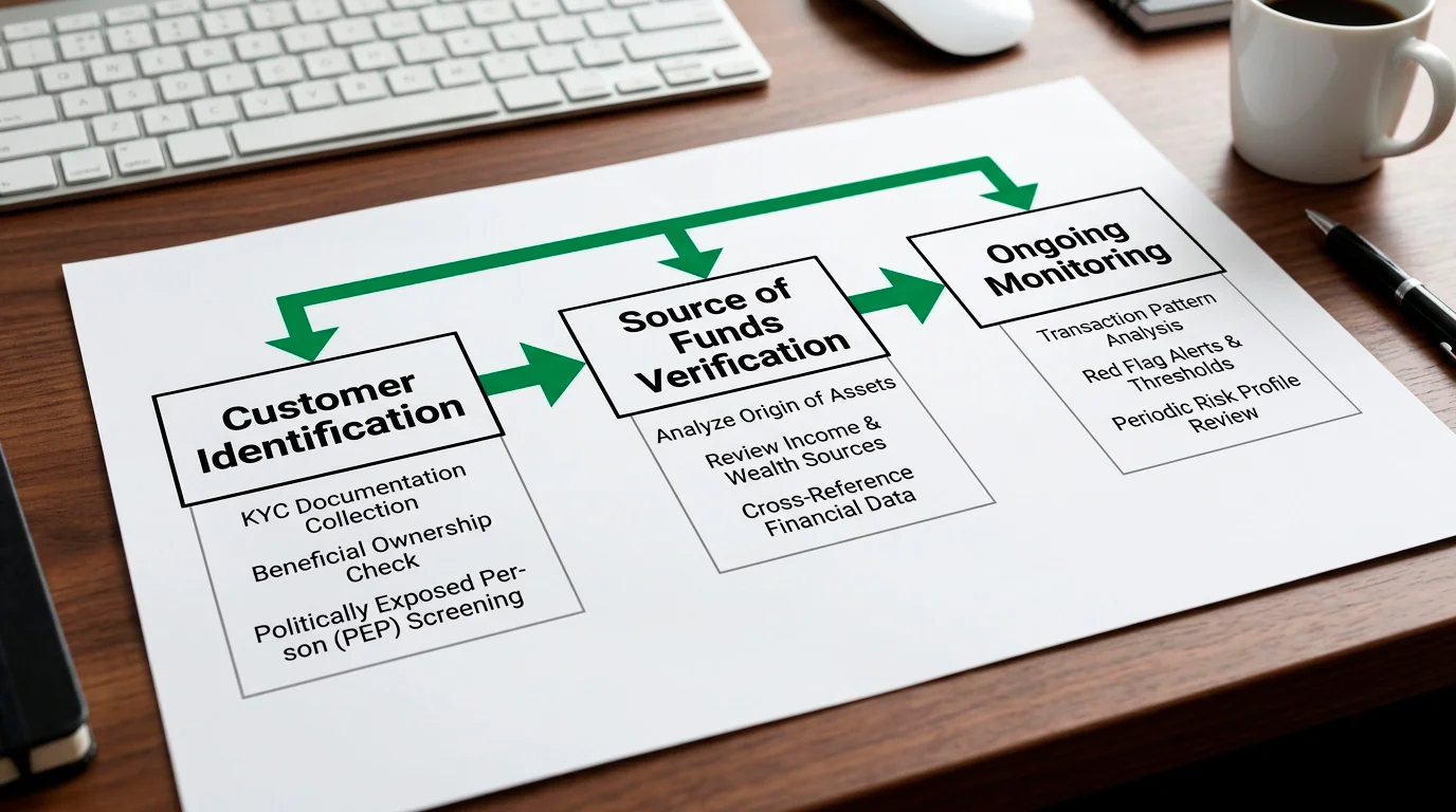 Diagram showing the anti-money-laundering compliance check stages at UK casinos