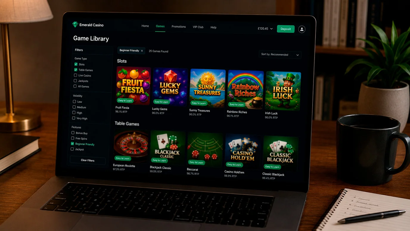Casino game lobby highlighting beginner-friendly games with low complexity ratings