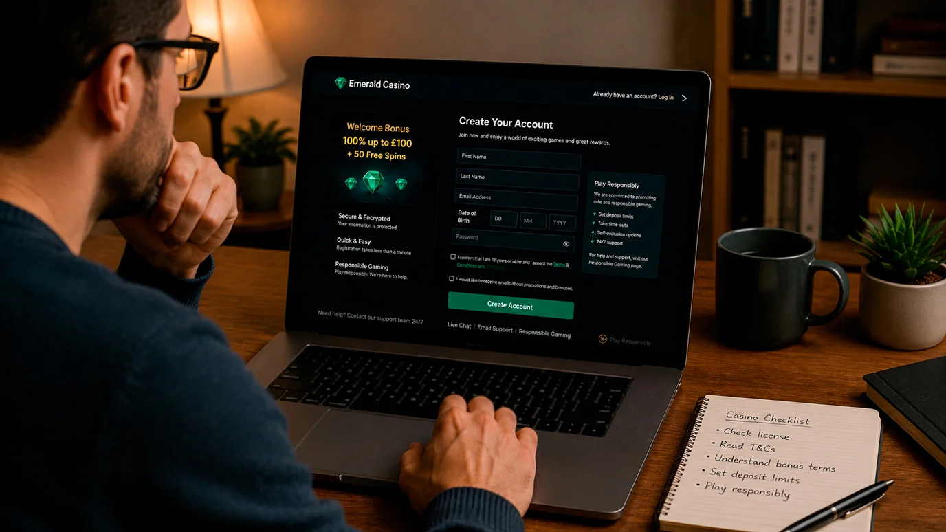 New player starting their first UK online casino registration on a laptop