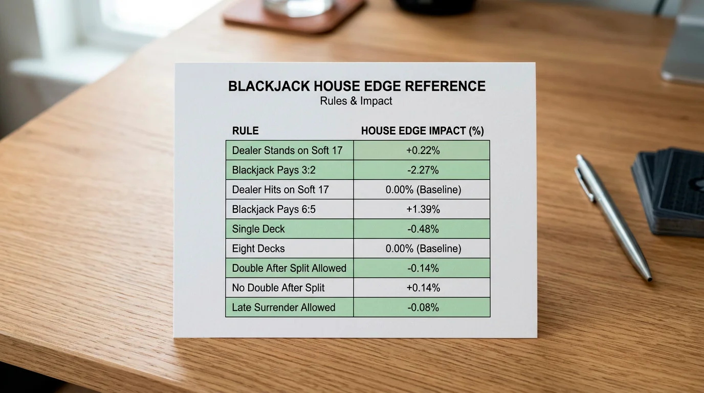 Reference chart showing how different blackjack rule variations affect house edge