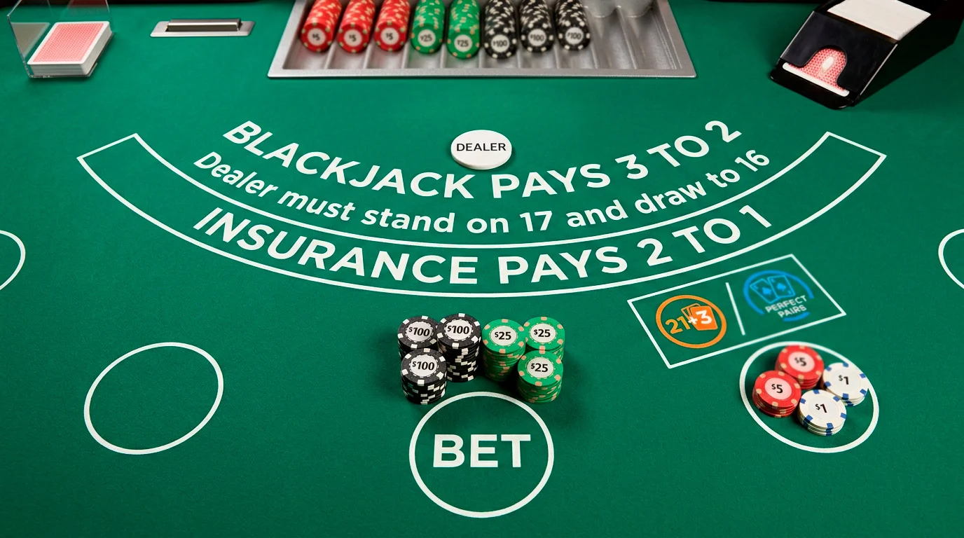 Blackjack table showing main bet and side bet chip placement positions