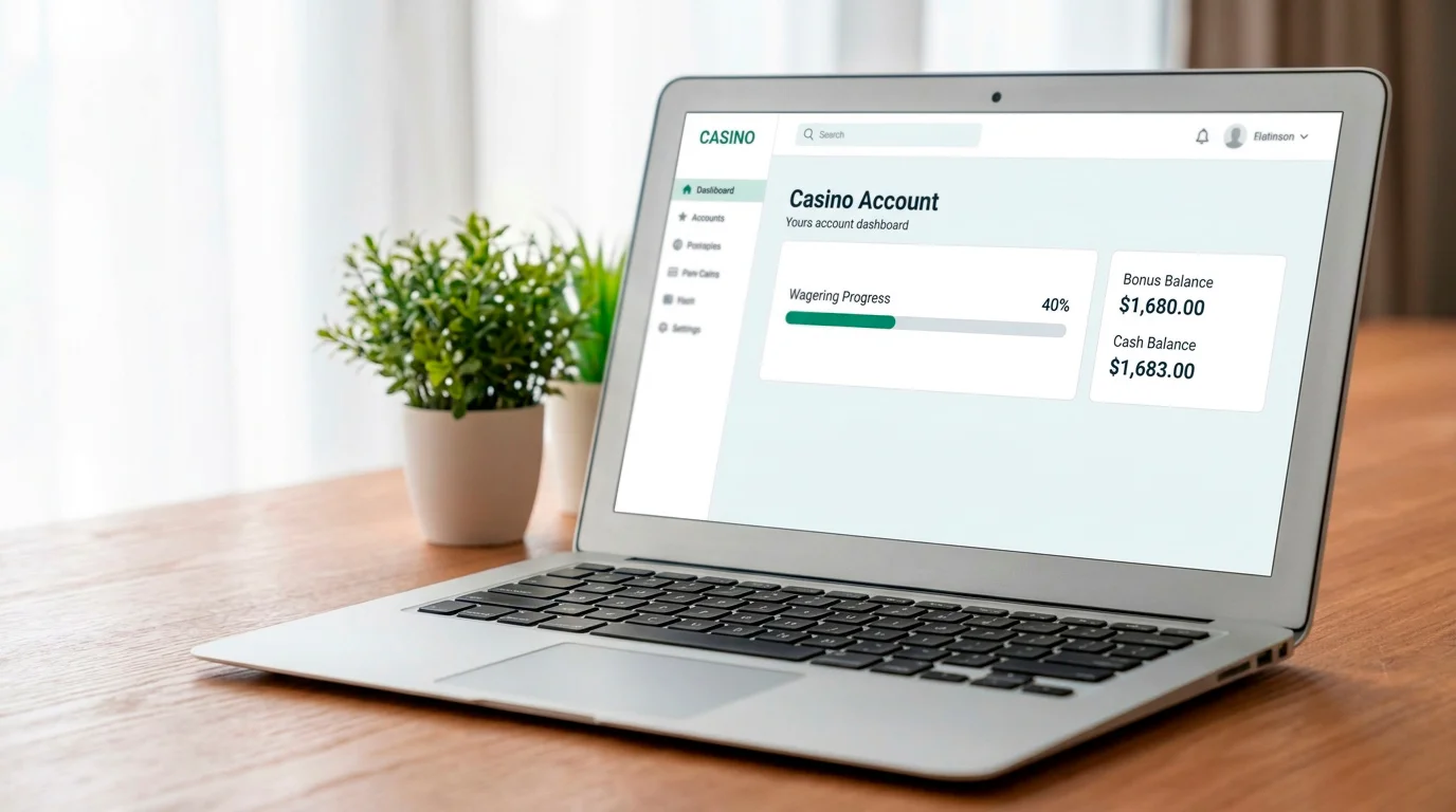 Casino account interface showing bonus balance and wagering progress indicator