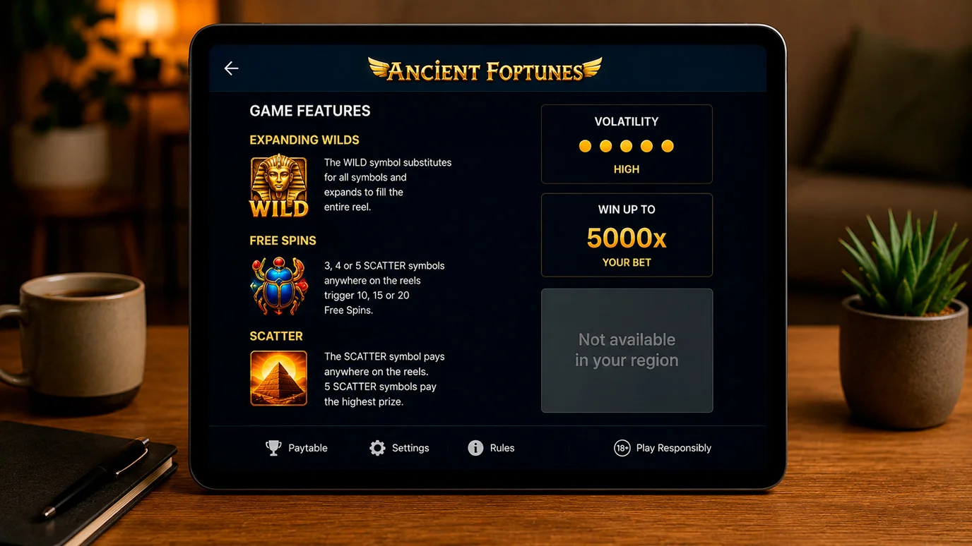 Slot game information screen noting the removal of bonus buy feature under UK regulations