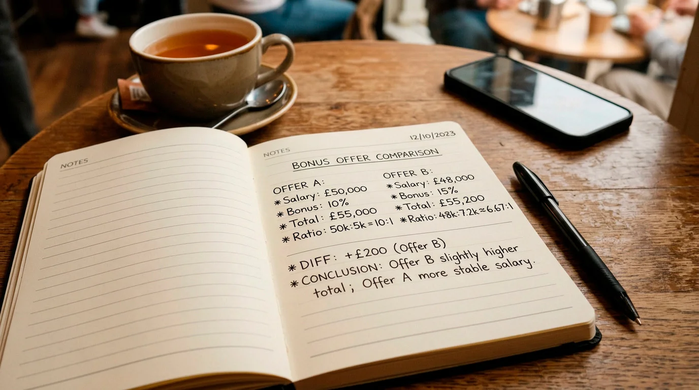 Notebook with handwritten bonus cashout ratio calculations for UK casino offers