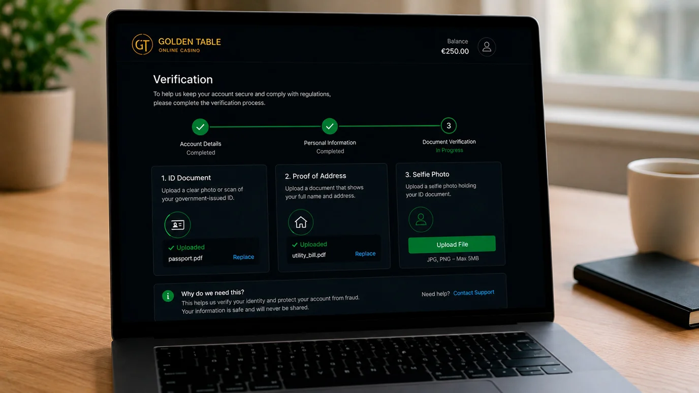 UK casino KYC verification interface showing document upload requirements