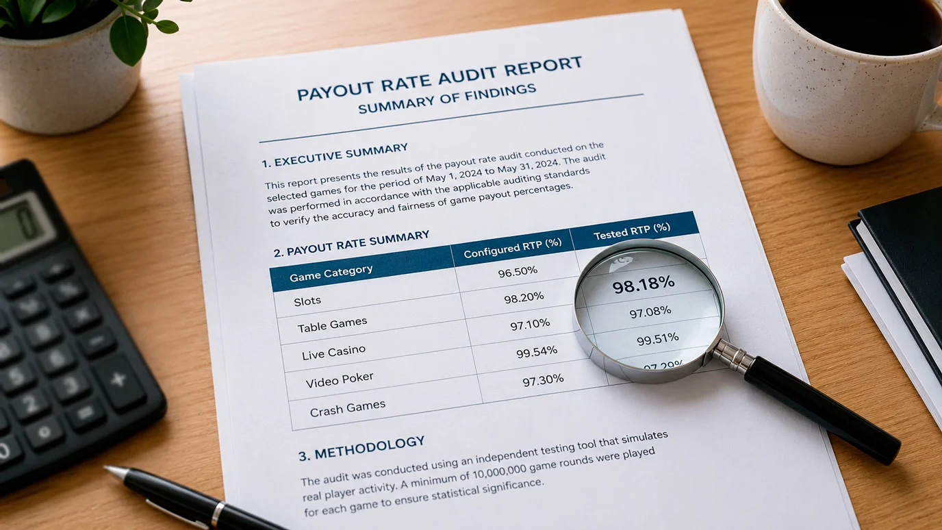 Casino payout rate report document showing overall RTP percentage data