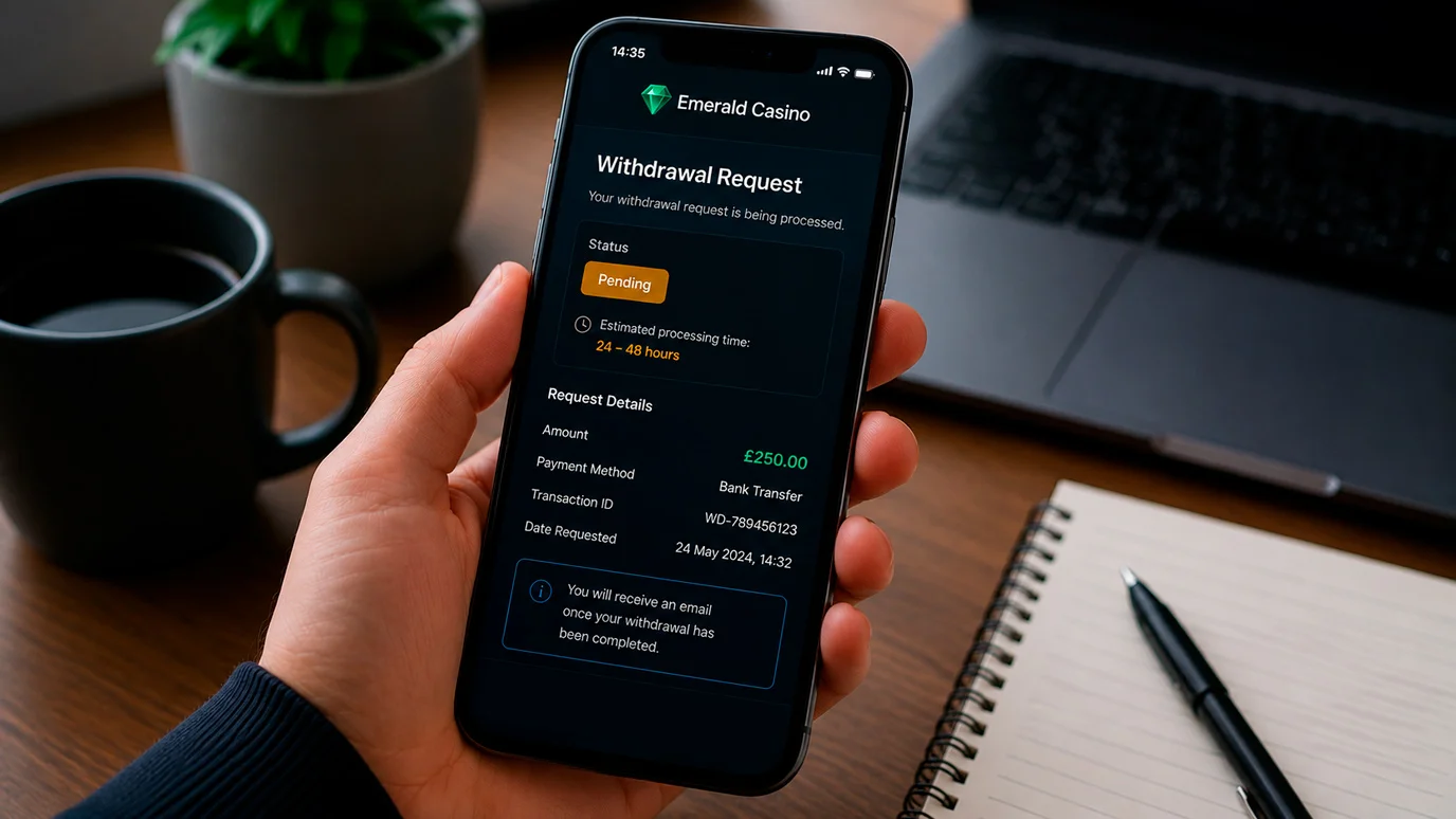 Casino withdrawal request screen showing pending status and estimated processing time