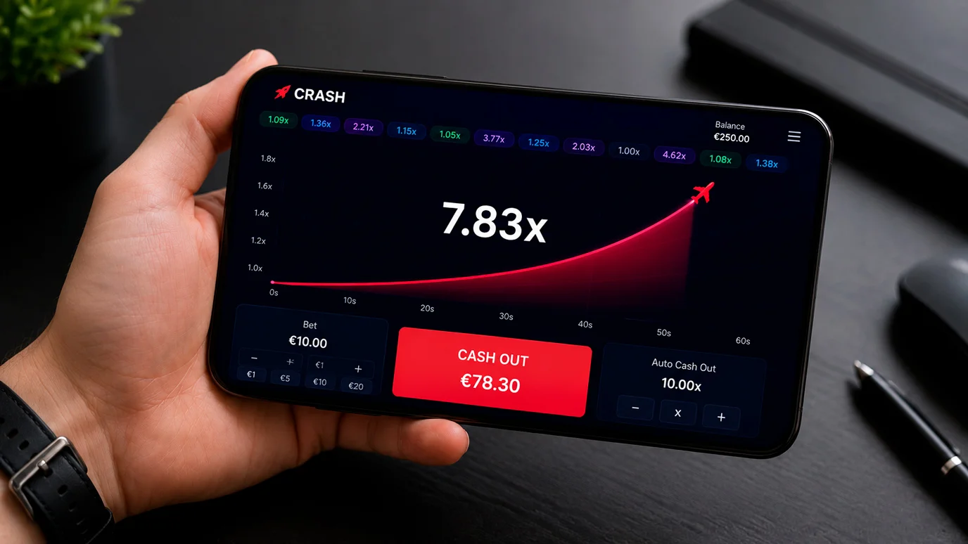 Crash game interface showing rising multiplier curve on mobile device