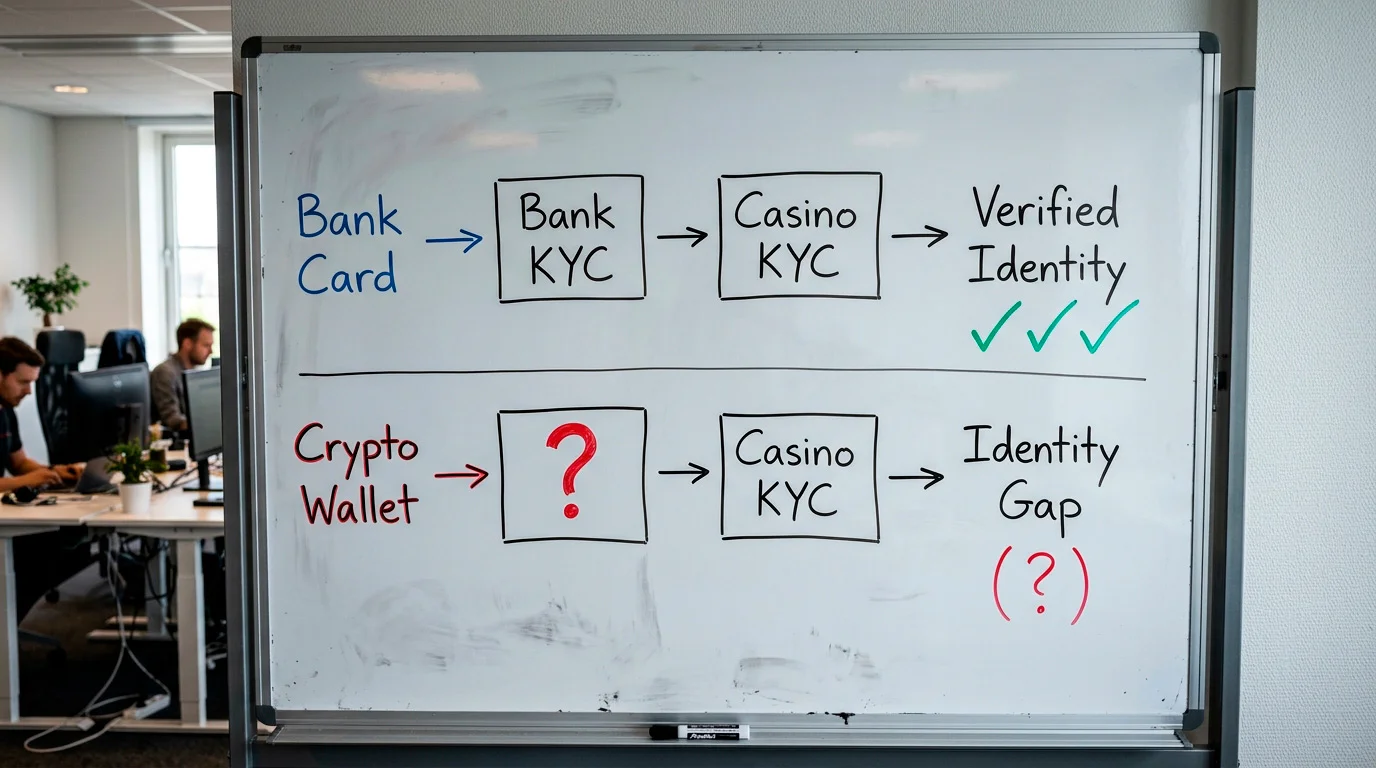 Diagram showing why cryptocurrency creates KYC compliance challenges for UK casinos