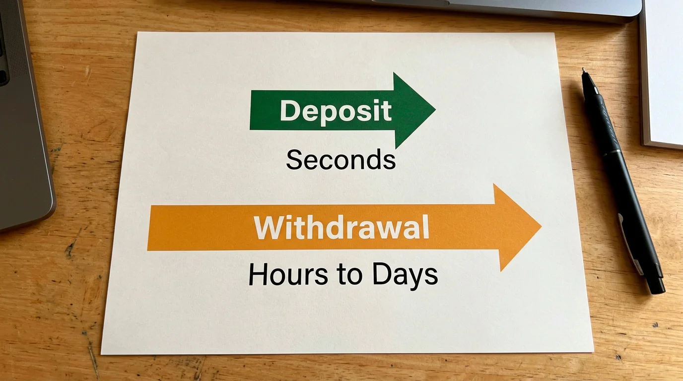 Visual showing the asymmetry between instant deposit and delayed withdrawal processing