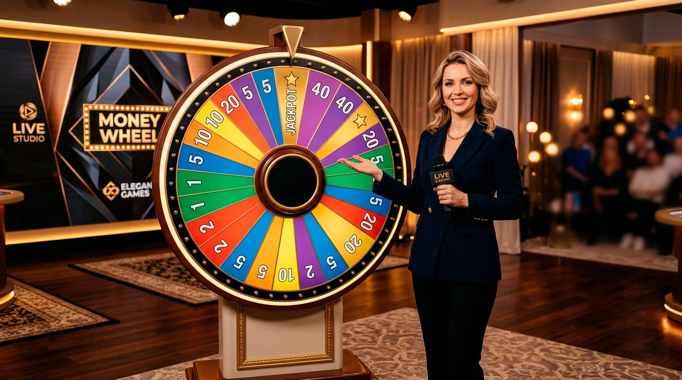 Dream Catcher style money wheel game in an elegant live casino studio