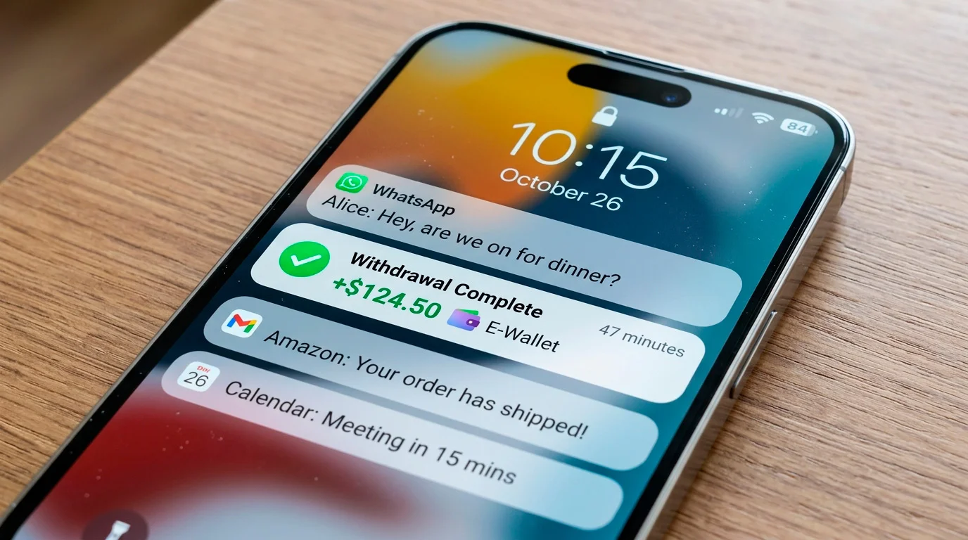 Notification showing completed e-wallet withdrawal from a UK casino