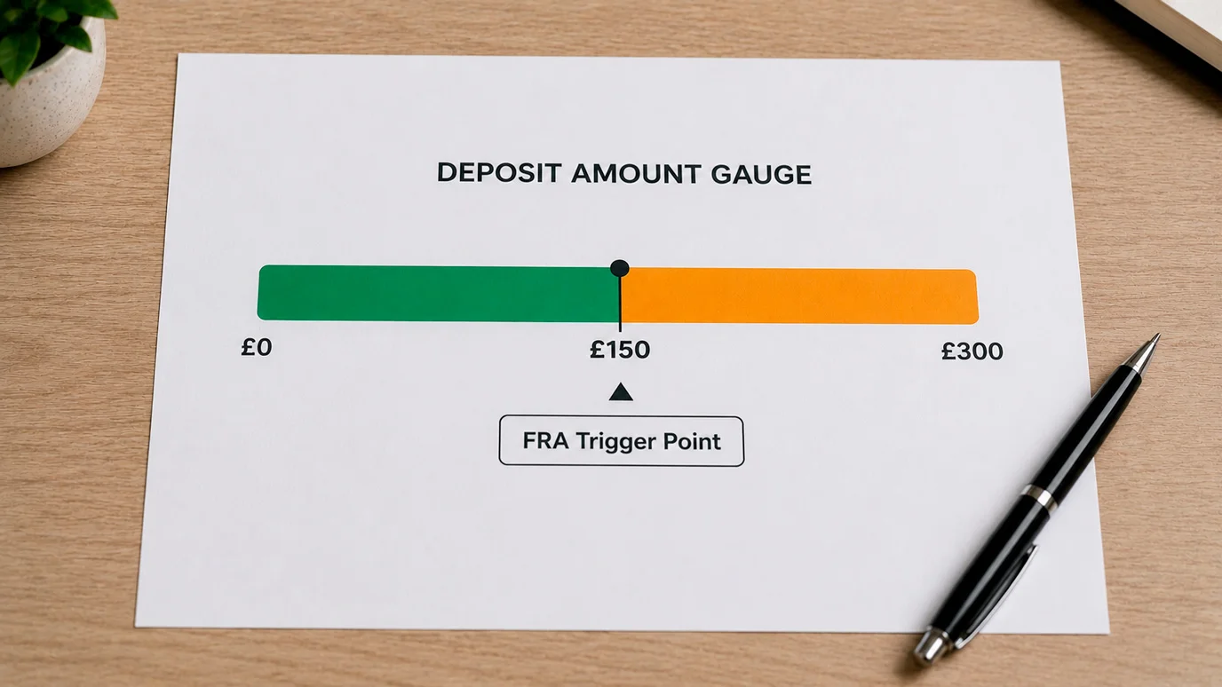 Visual showing the £150 net deposit threshold that triggers financial risk assessments at UK casinos