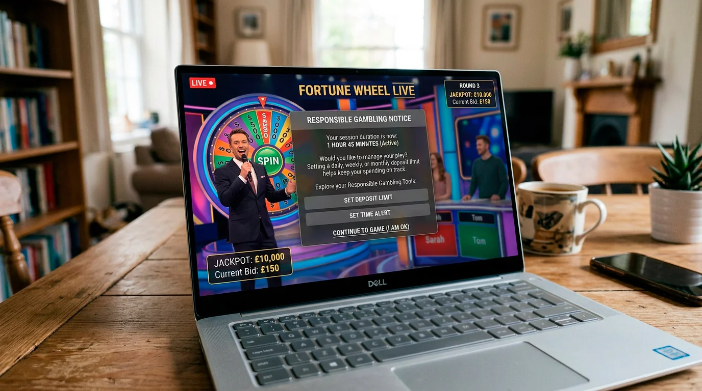 Responsible gambling overlay appearing during a live casino game show stream