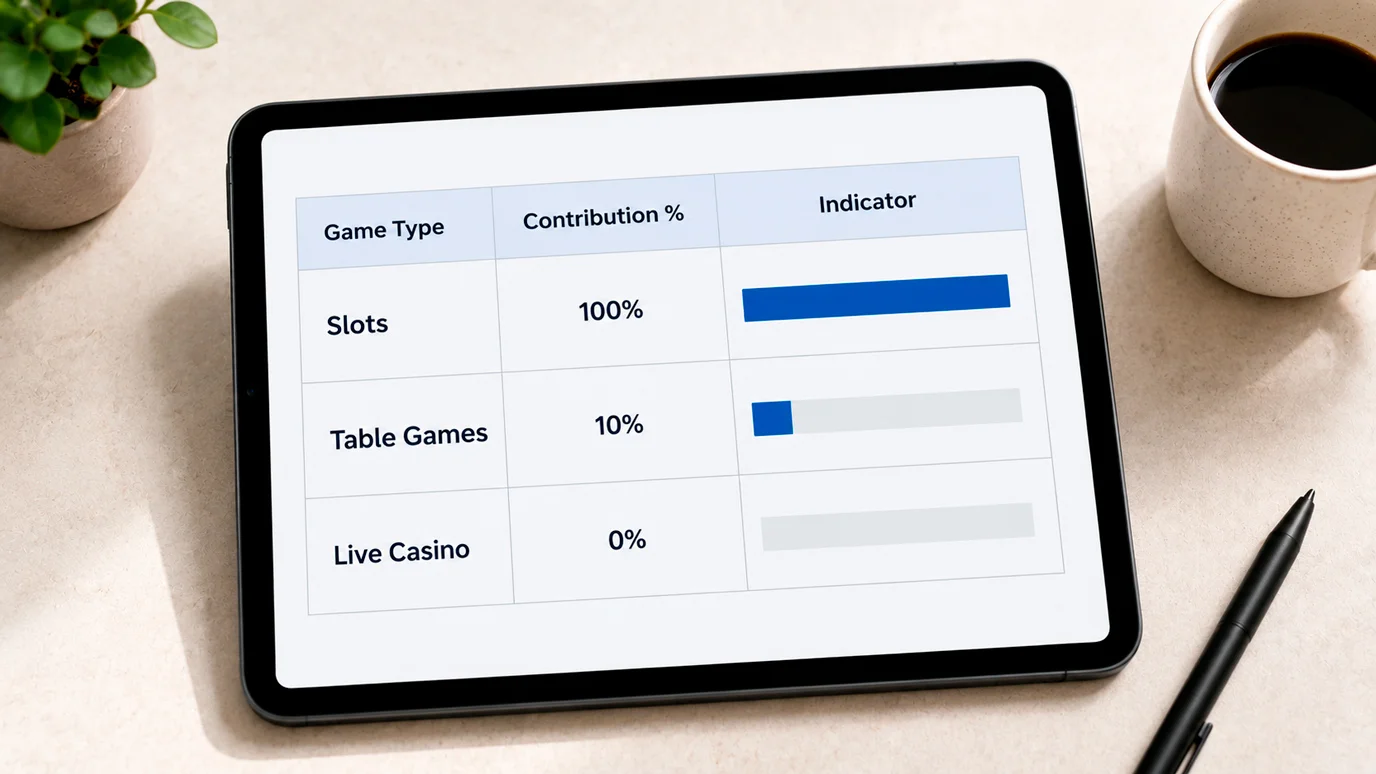 Table showing different game contribution percentages toward wagering requirements