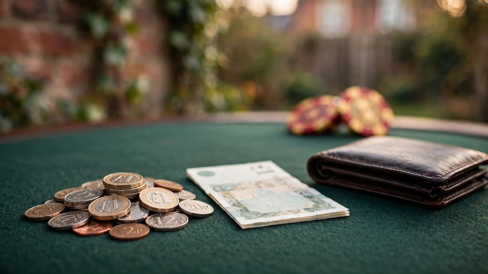 One pound coins and a chip on a green casino table in the UK.
