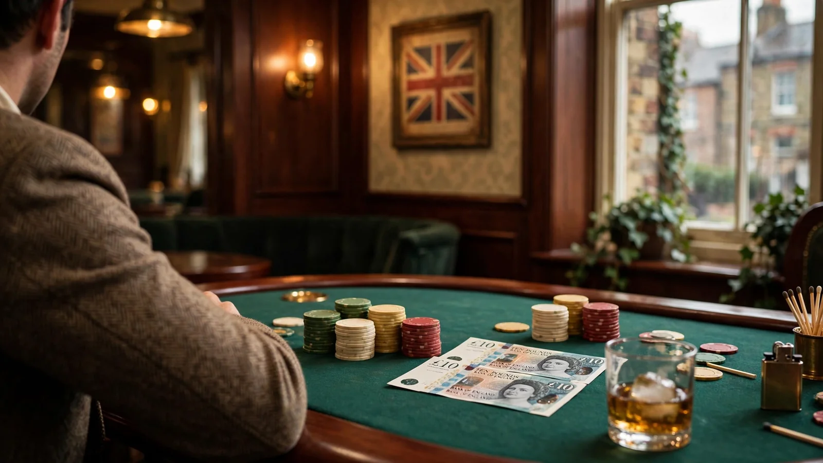 Warm illustration of a UK casino table with chips and ten-pound notes