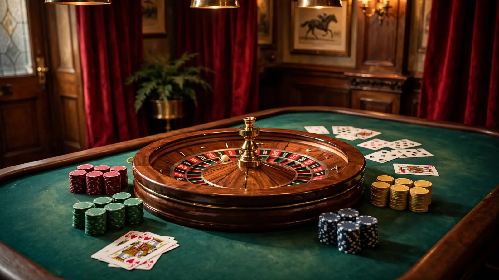 British casino table with roulette wheel, chips and playing cards under warm lighting