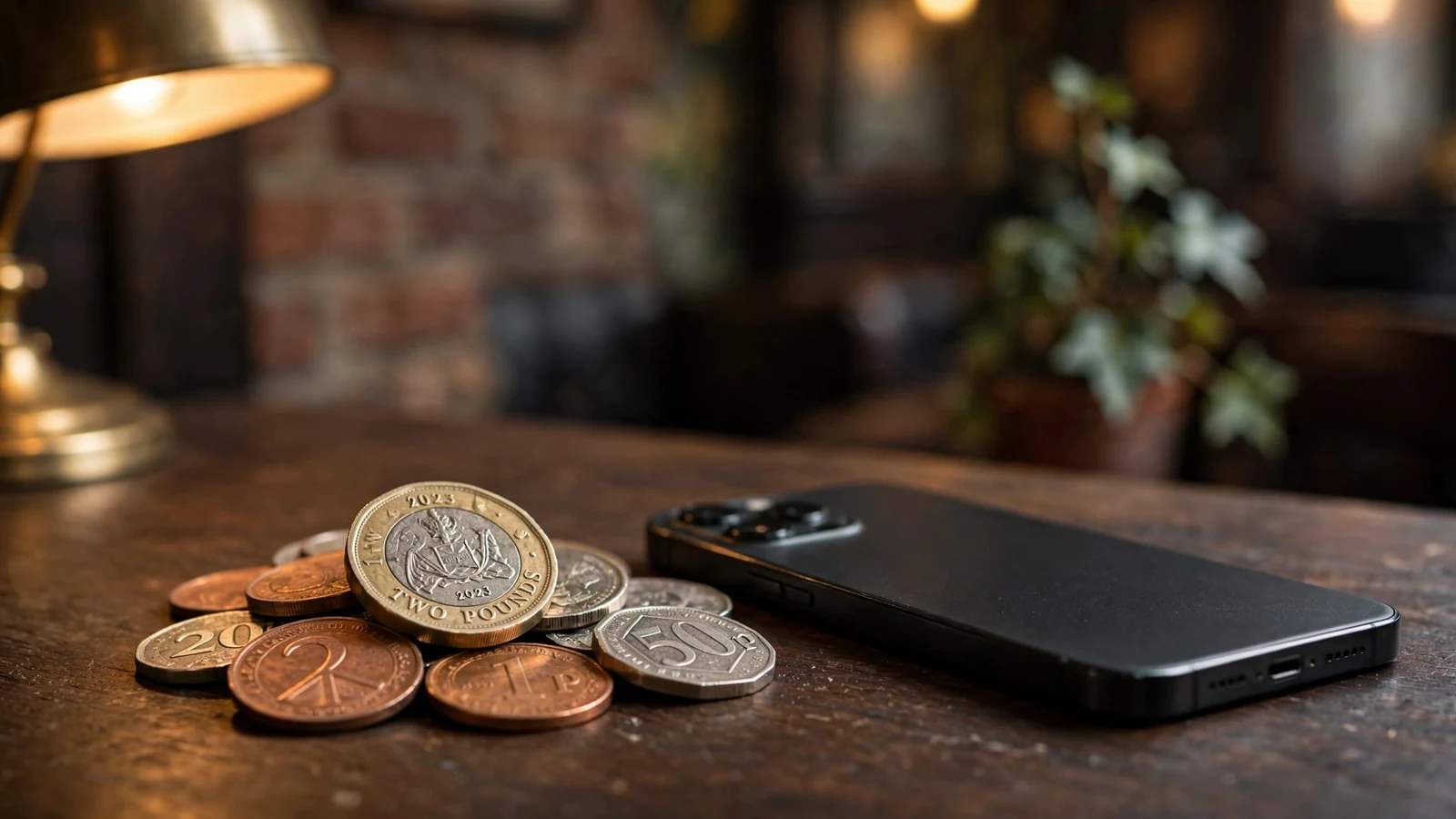 British pound coins and a face-down smartphone on a dark wooden table
