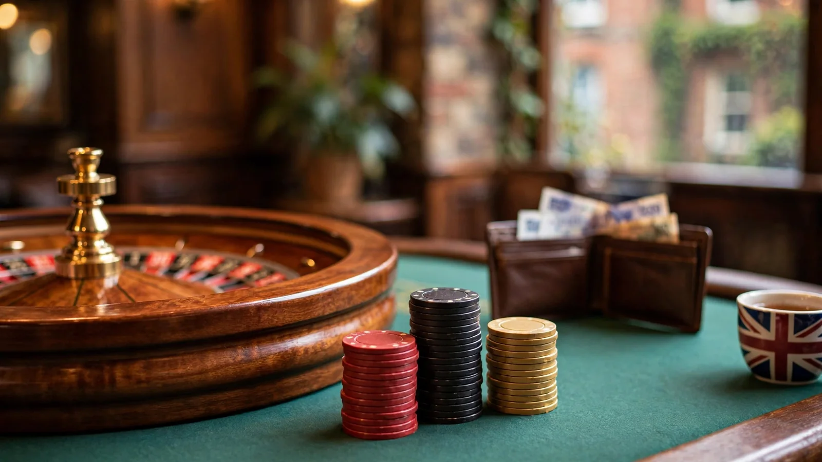 Casino roulette wheel with chips and British twenty-pound banknotes on a green felt table.