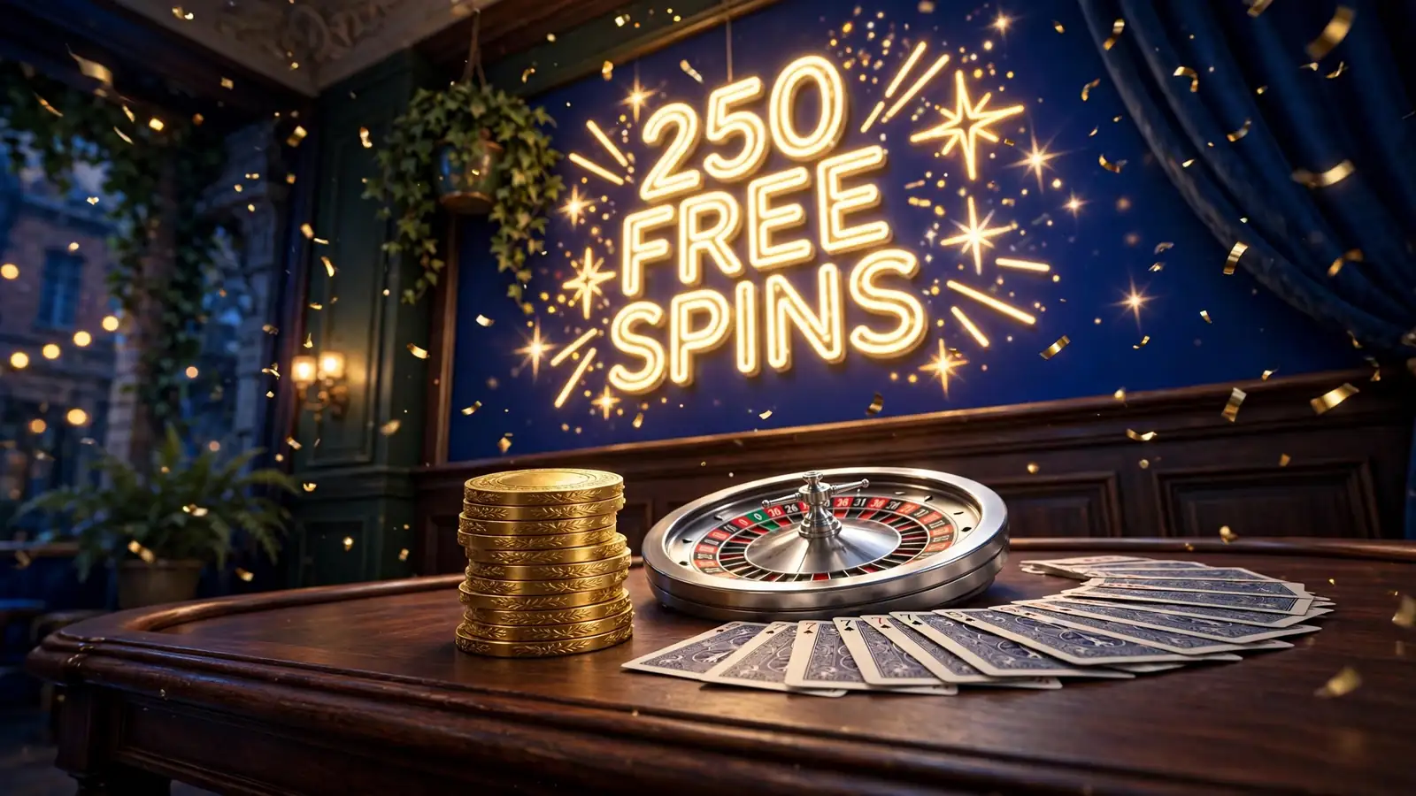 Golden casino chips, roulette wheel, and cards on a dark table with a glowing '250 Free Spins' neon sign