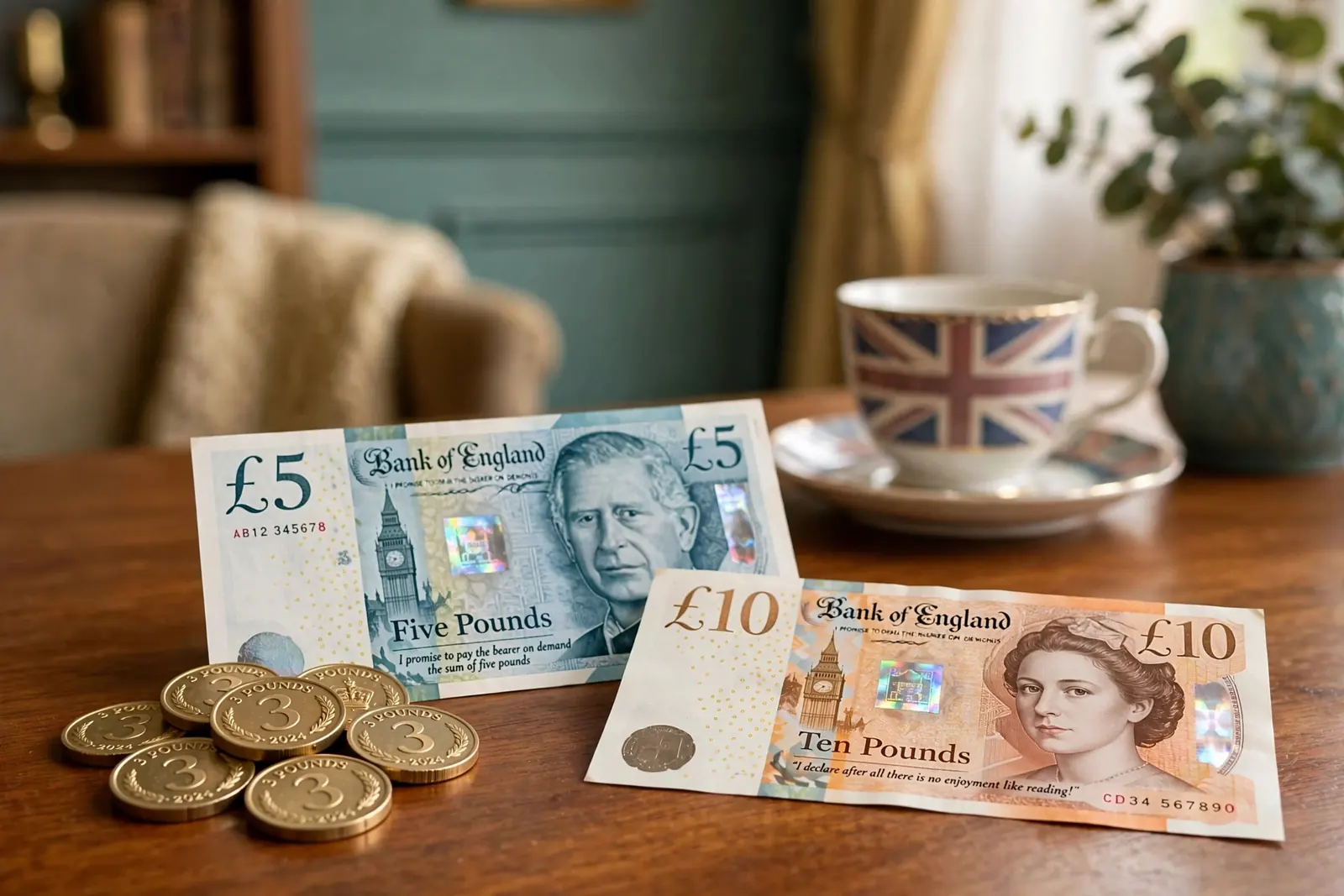British pound coins and notes on a wooden table with a Union Jack teacup