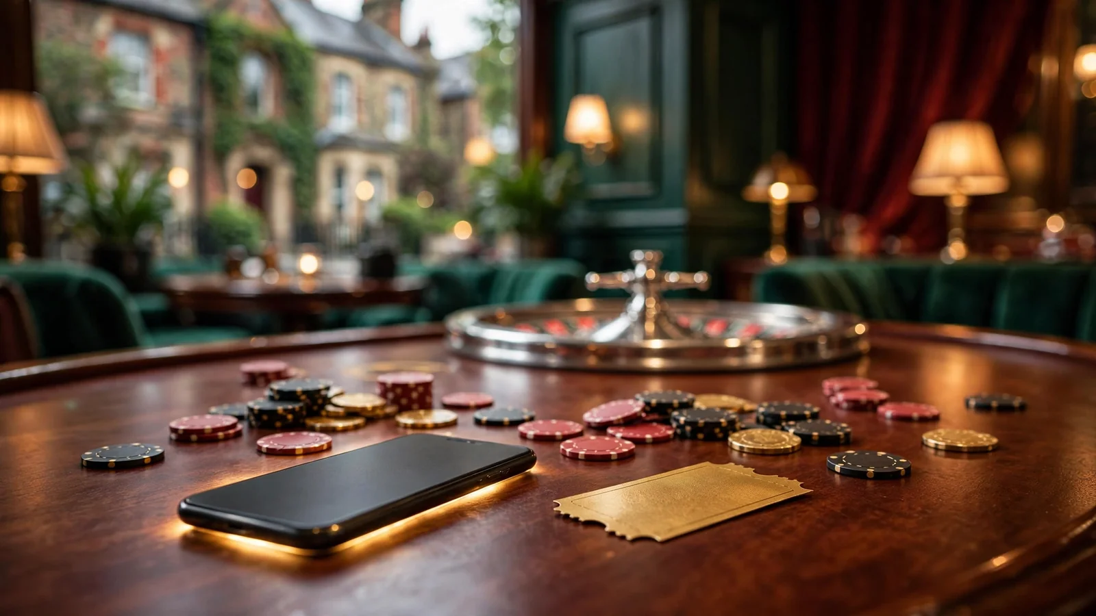 Casino chips, roulette wheel, and face-down smartphone on a mahogany table.