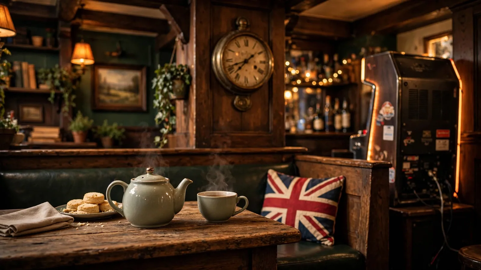 Cozy British pub interior with a retro slot cabinet and teapot.