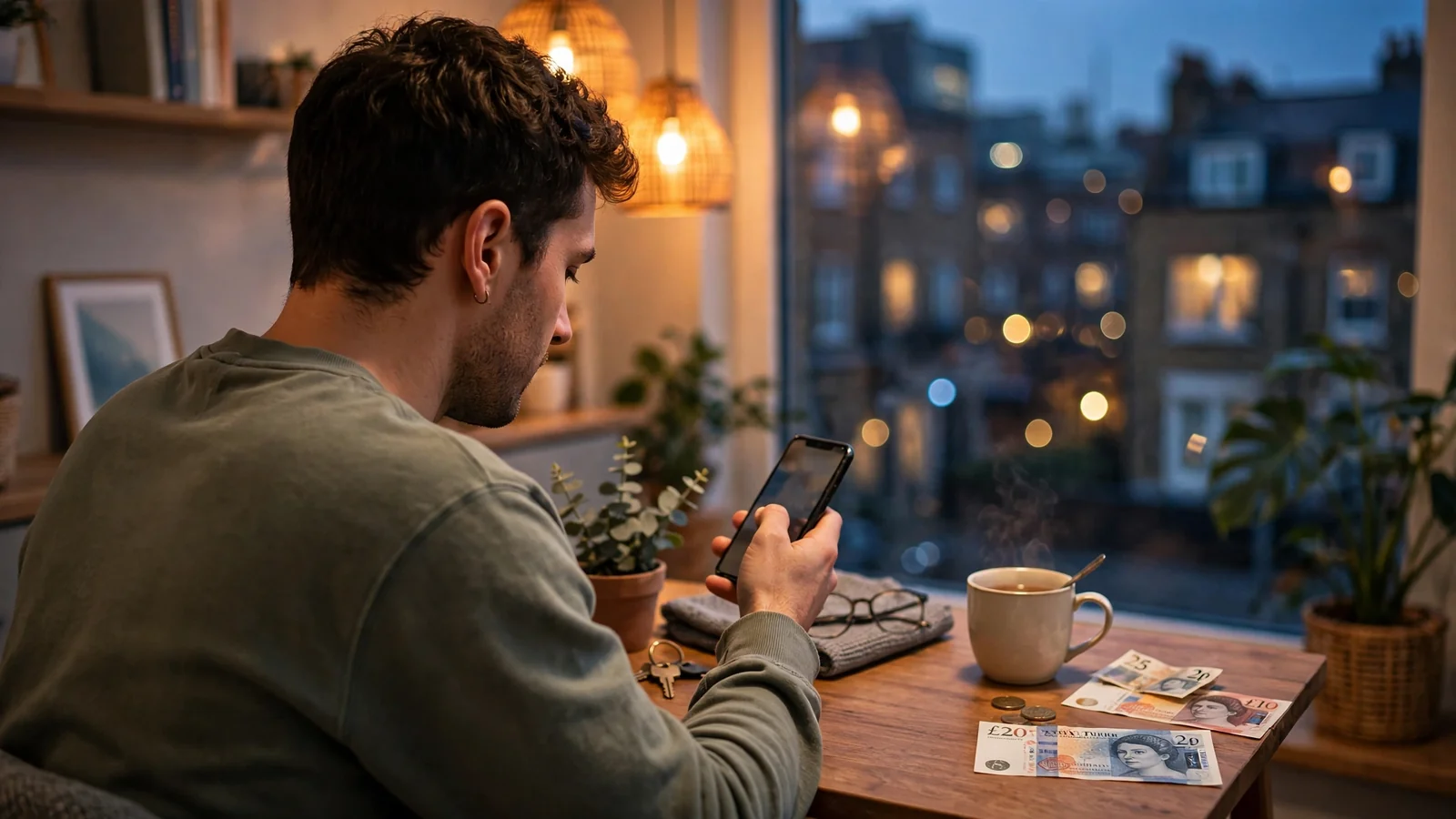 Person at a London flat table with smartphone and pound notes