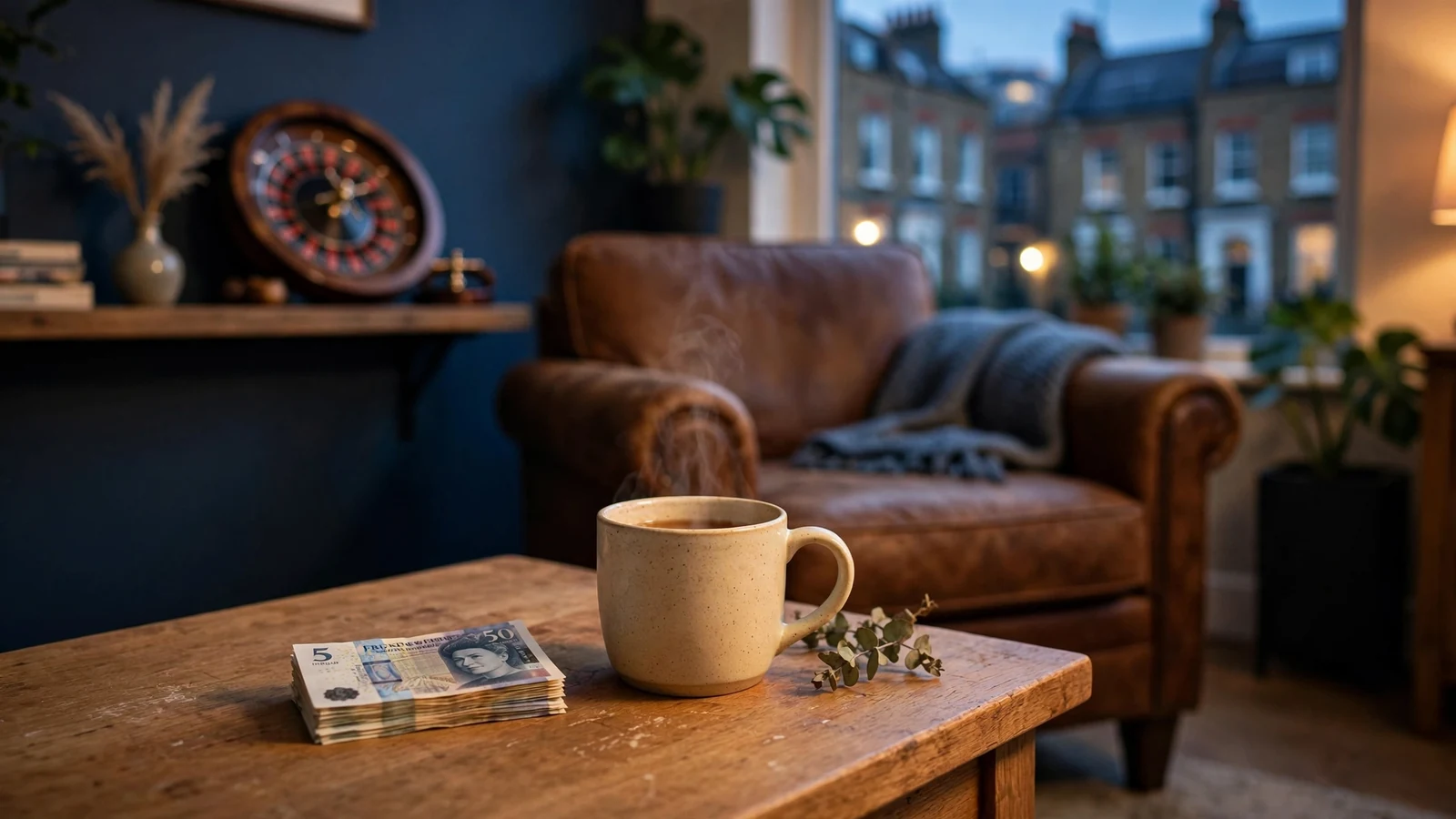 British five-pound notes on a table beside tea in a cozy London flat