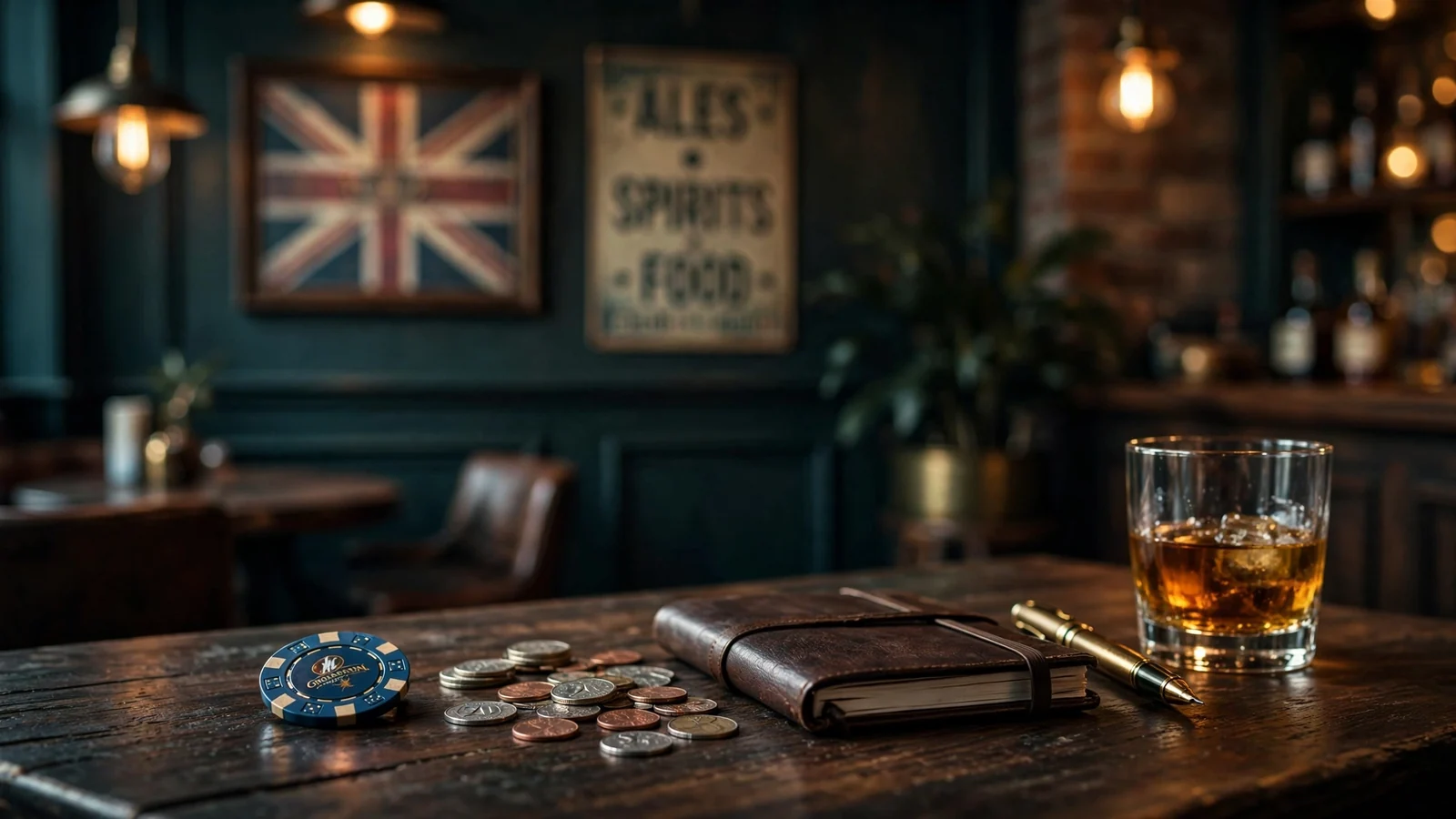 British pub interior with casino chips and coins on wooden table