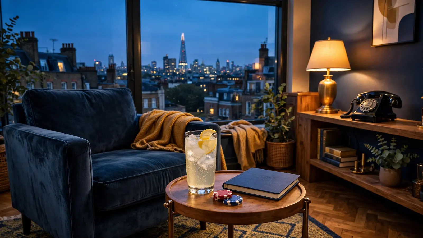 Cozy London living room with casino chips and sparkling drink at twilight