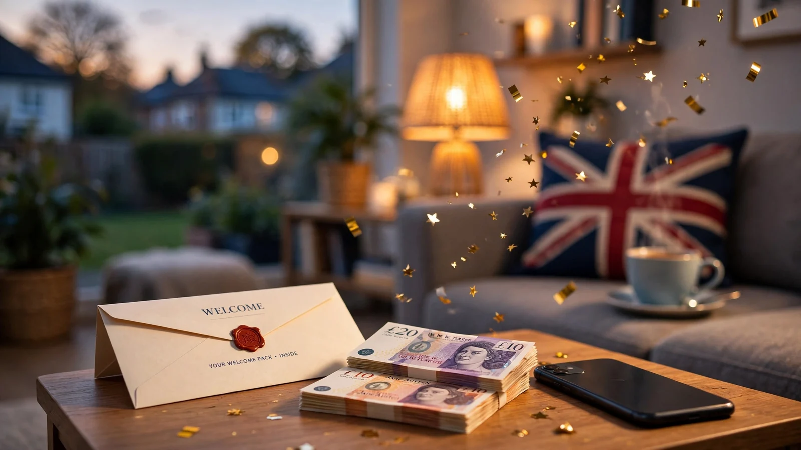Warm British living room scene with a face-down smartphone, unopened envelope, pound notes, and floating golden confetti.
