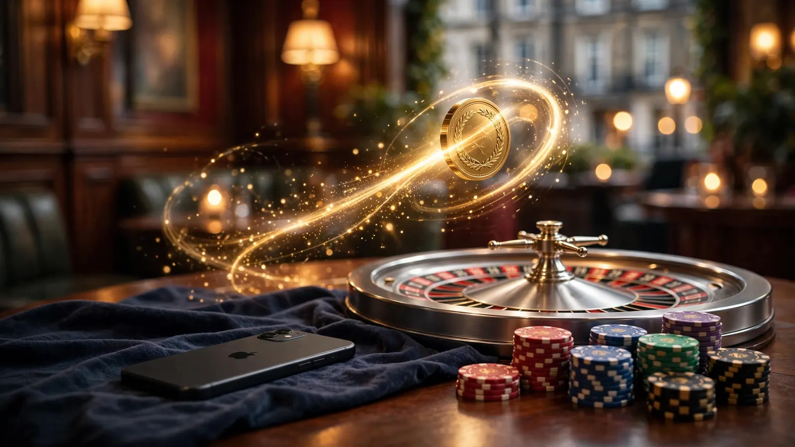 Luxurious casino table with chips, roulette wheel, and spinning golden coin in a UK-style lounge.