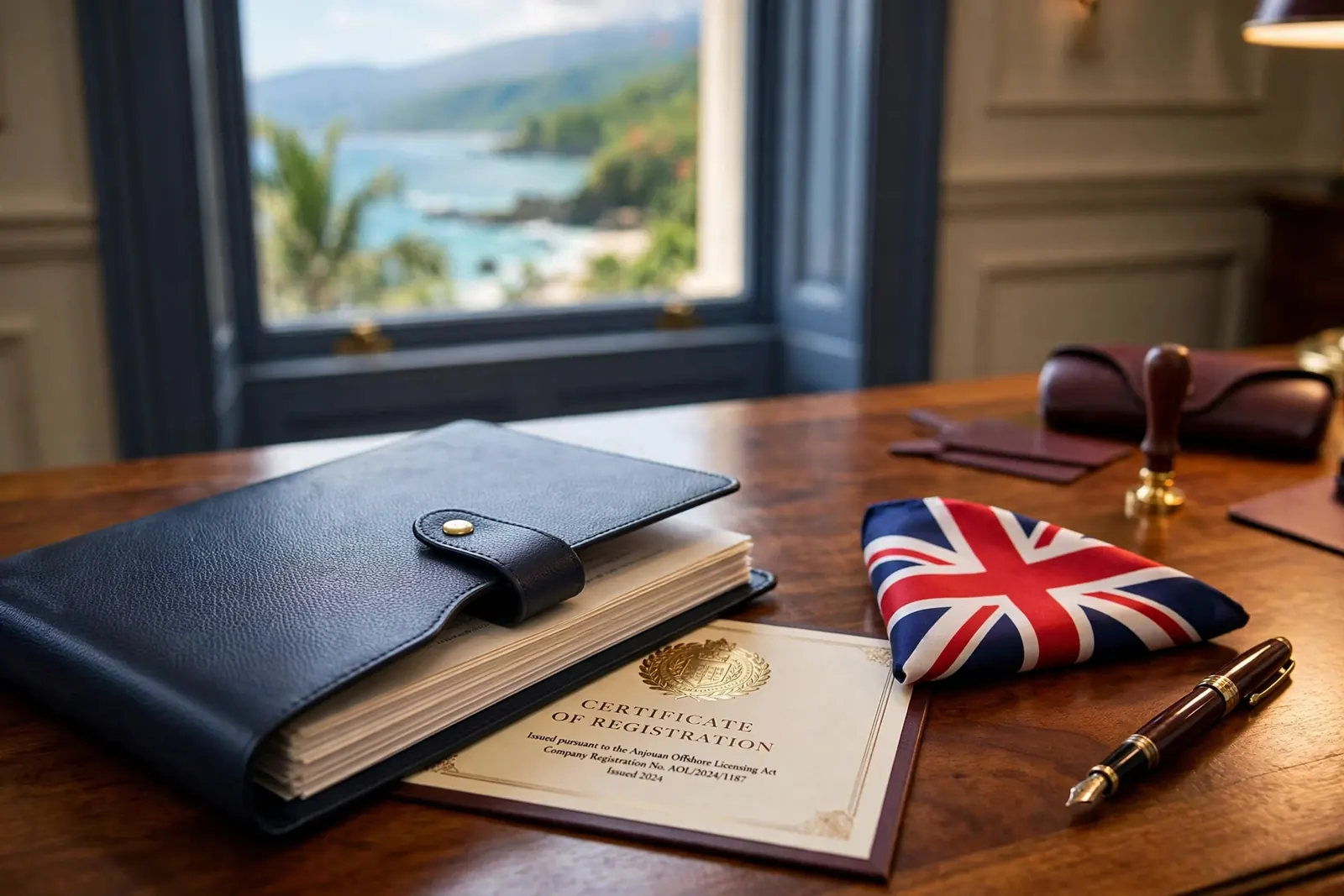 British desk with official licence documents and Union Jack detail