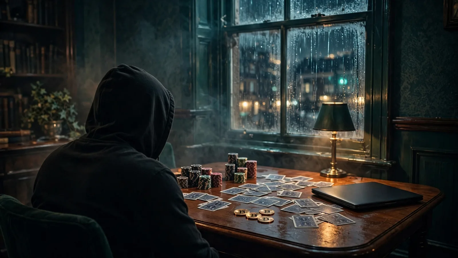 Hooded figure at a casino table with chips, cards, and crypto coins in a dimly lit UK lounge.