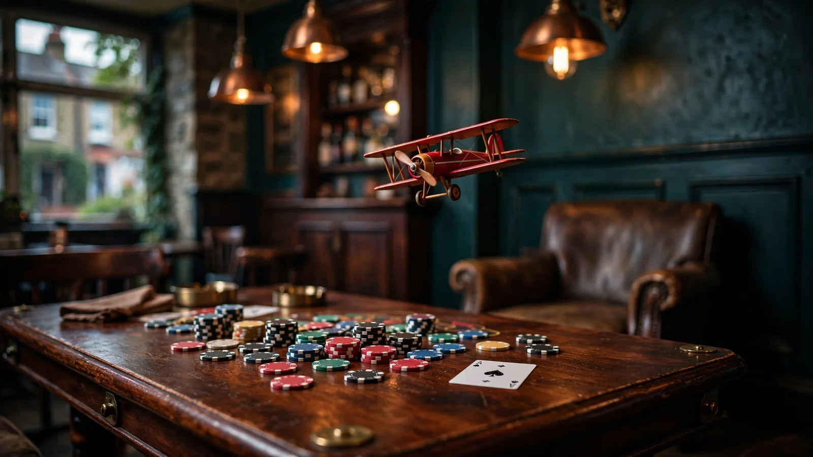 Red toy airplane flying over poker chips on a table in a British pub