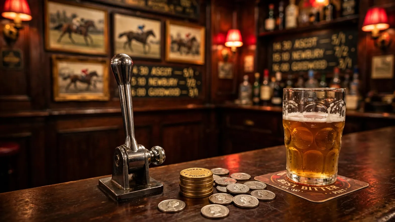 Chrome slot machine lever with brass tokens and pint of ale on a traditional British bookmaker counter