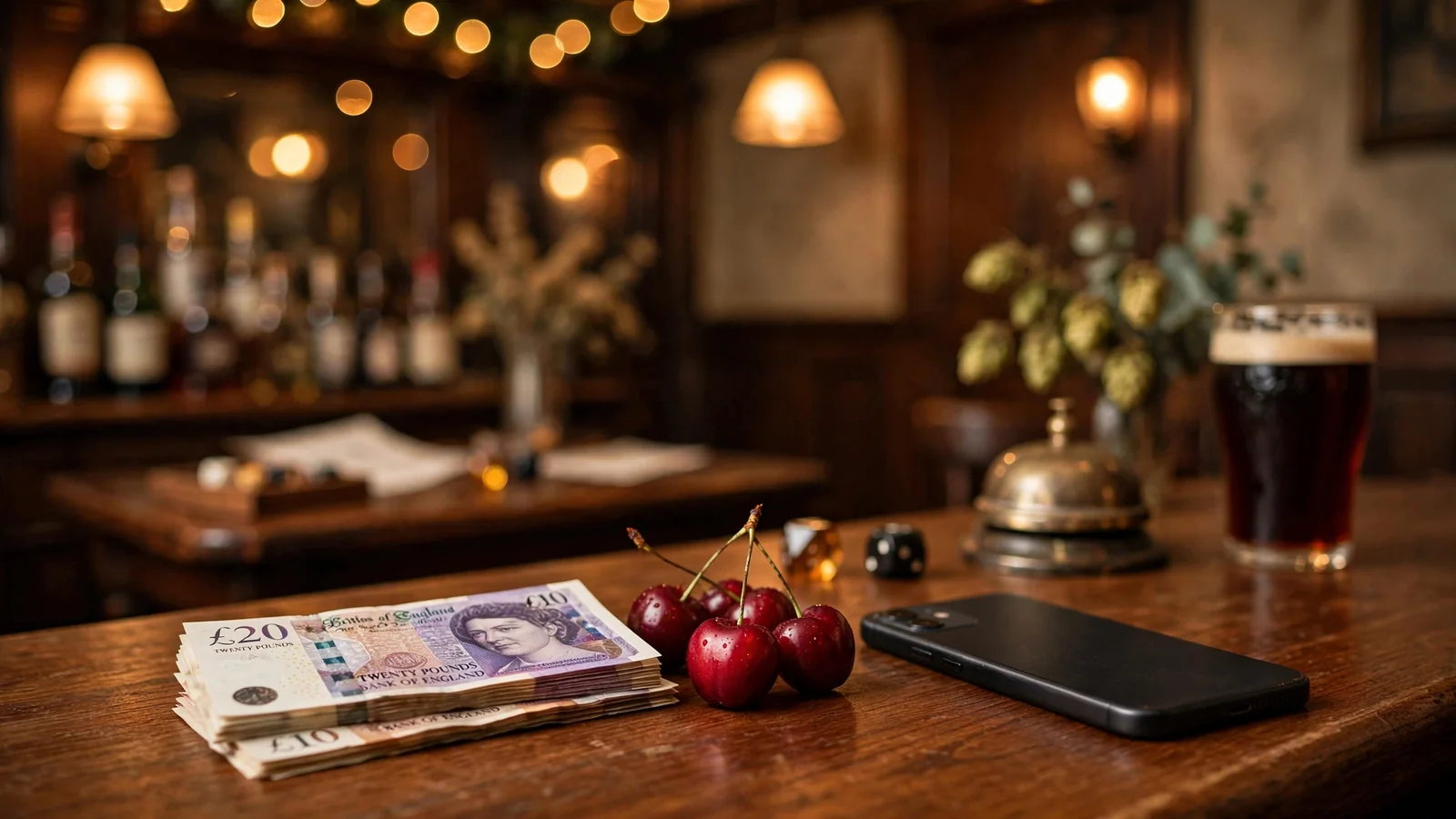 British pub table with pound notes, cherries, and a face-down smartphone suggesting slot gaming