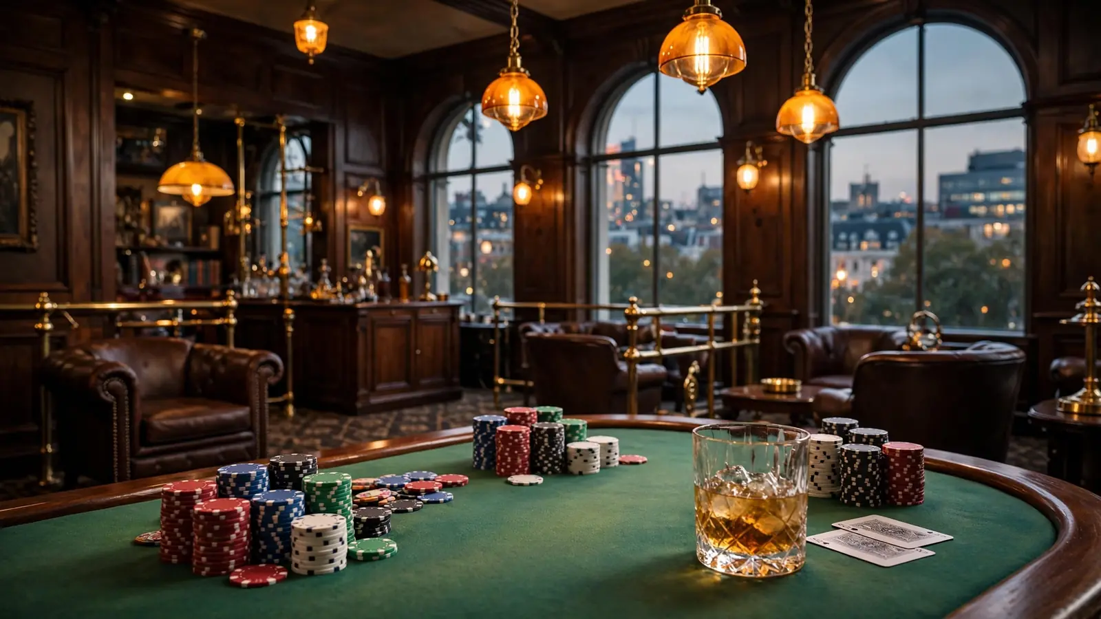 Luxurious British casino interior with green card table, chips, and London skyline through arched windows