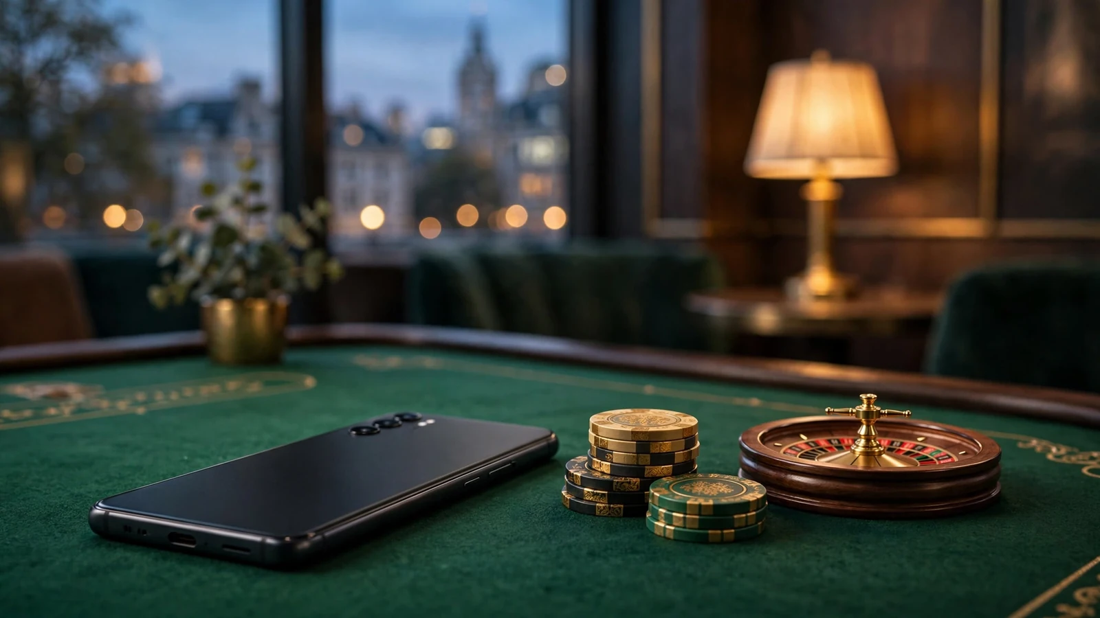 Android smartphone on green felt with casino chips and roulette wheel in a modern British lounge at twilight