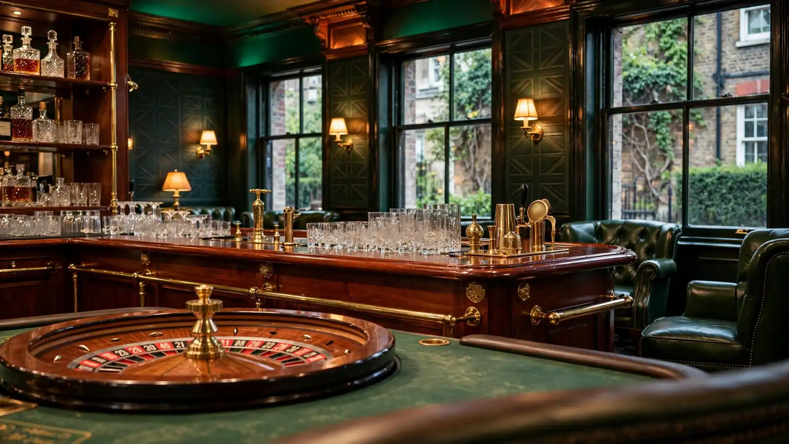 Elegant British-themed casino lounge with mahogany bar and roulette wheel
