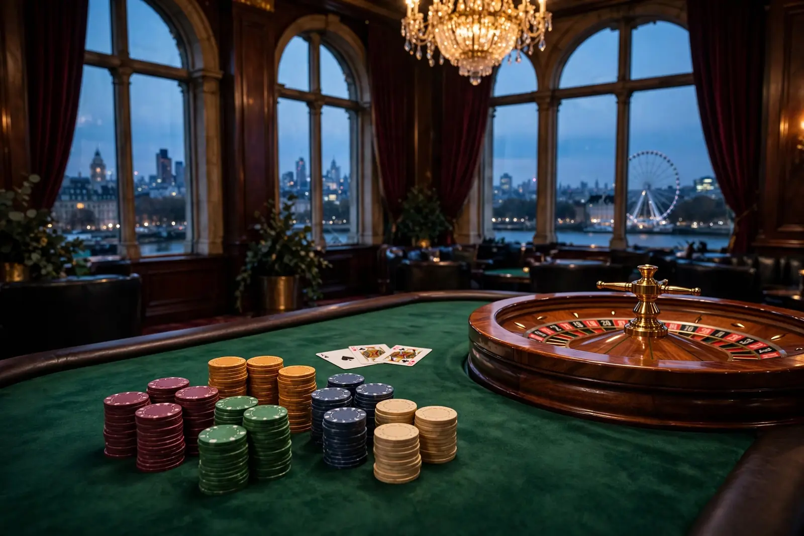 Elegant UK-themed casino lounge with chips and roulette wheel