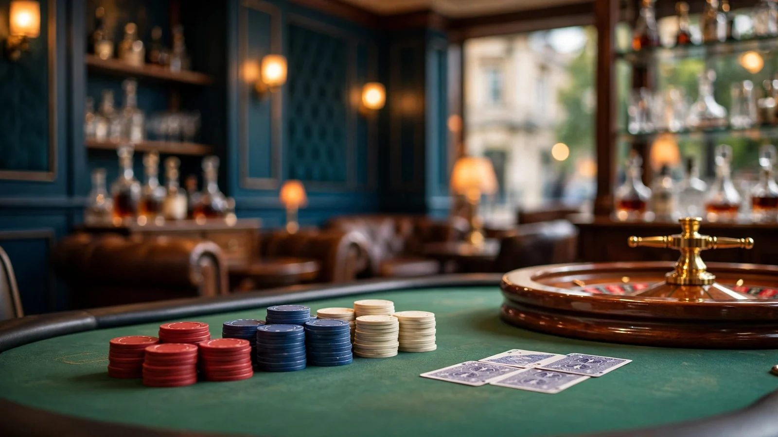 Elegant UK casino lounge with green felt table, poker chips, and roulette wheel
