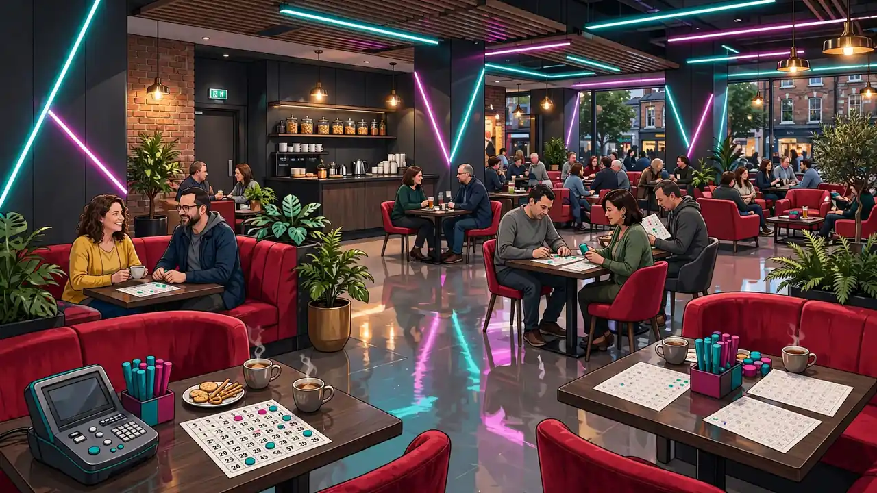 Modern UK bingo hall interior with neon lights and gaming tables