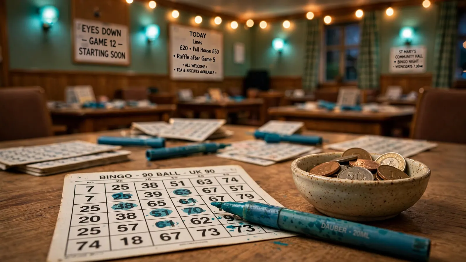 British bingo hall interior with bingo cards and daubers on tables