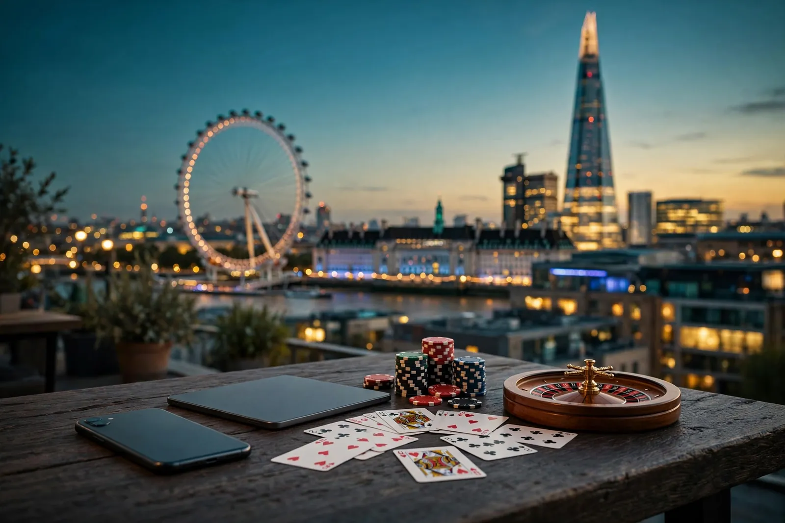 London skyline with casino table items and turned-away devices