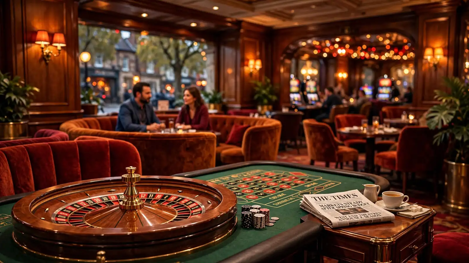 Stylized British casino lounge with roulette wheel and tea