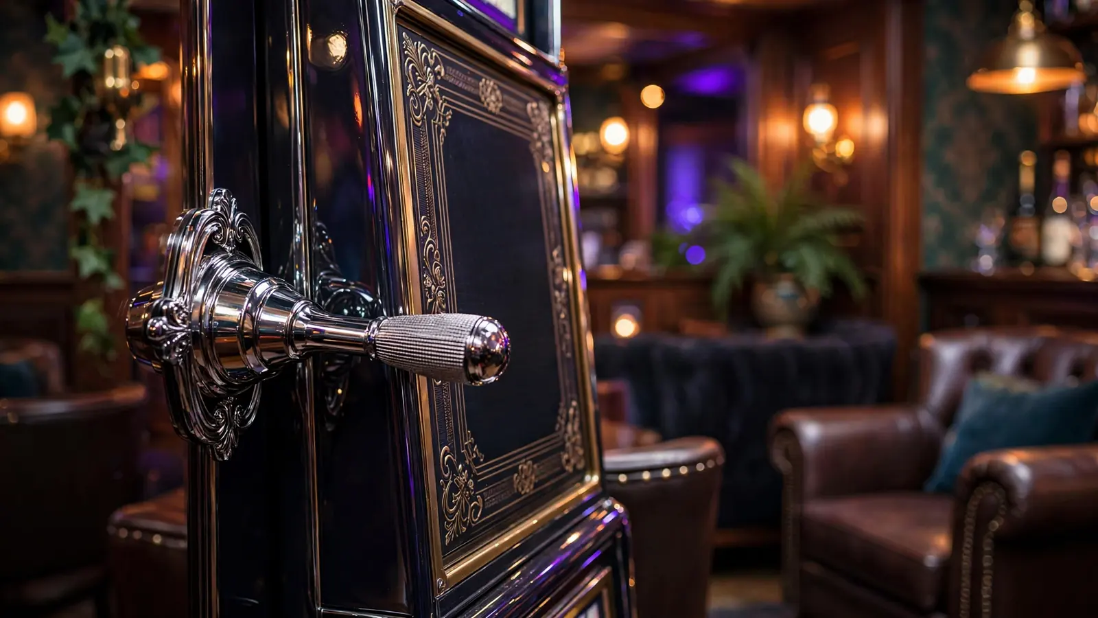 British pub interior with slot machines and cascading glowing symbols
